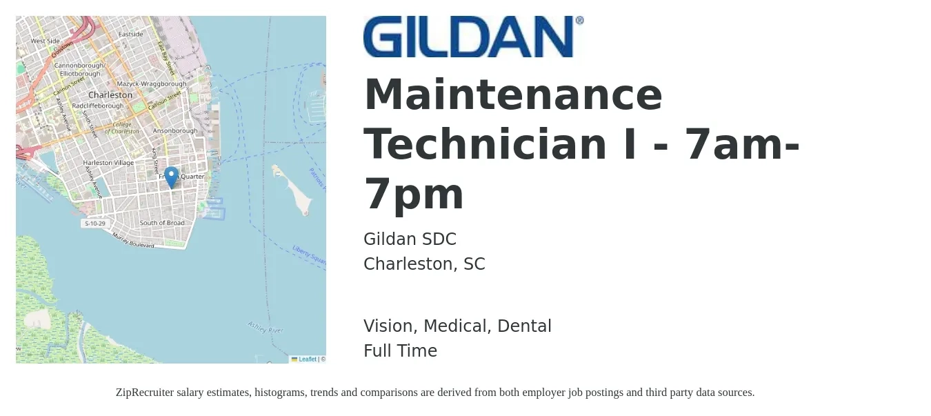 Gildan SDC job posting for a Maintenance Technician I - 7am-7pm in Charleston, SC with a salary of $18 to $25 Hourly and benefits including vision, dental, life_insurance, medical, and retirement with a map of Charleston location.