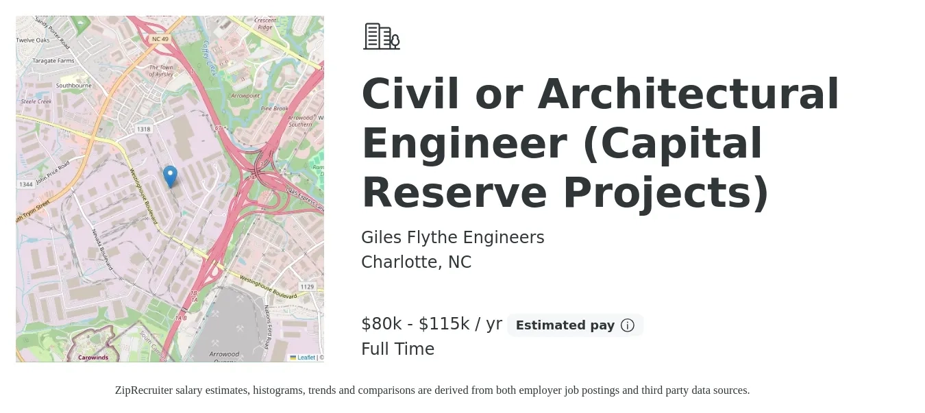 Giles Flythe Engineers job posting for a Civil or Architectural Engineer (Capital Reserve Projects) in Charlotte, NC with a salary of $80,000 to $115,000 Yearly with a map of Charlotte location.