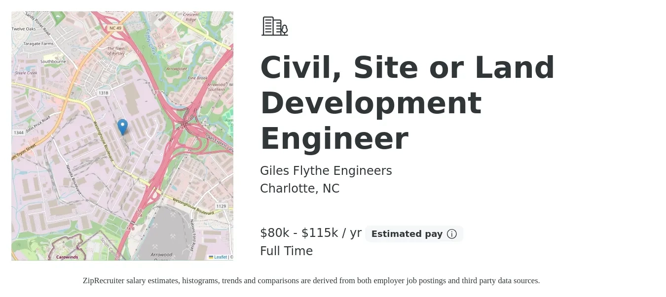 Giles Flythe Engineers job posting for a Civil, Site or Land Development Engineer in Charlotte, NC with a salary of $80,000 to $115,000 Yearly with a map of Charlotte location.
