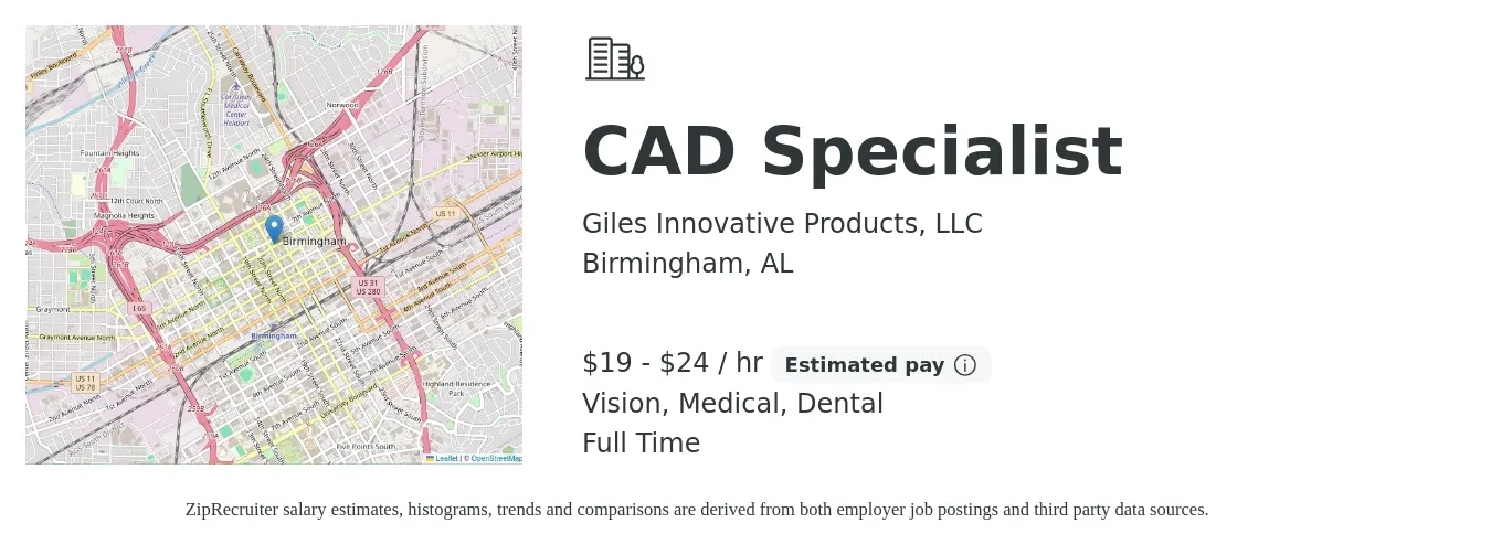 Giles Innovative Products, LLC job posting for a CAD Specialist in Birmingham, AL with a salary of $20 to $25 Hourly and benefits including vision, dental, medical, pto, and retirement with a map of Birmingham location.