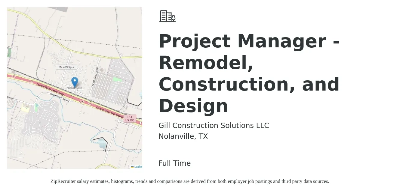 Gill Construction Solutions LLC job posting for a Project Manager - Remodel, Construction, and Design in Nolanville, TX with a salary of $52,000 to $60,000 Yearly with a map of Nolanville location.