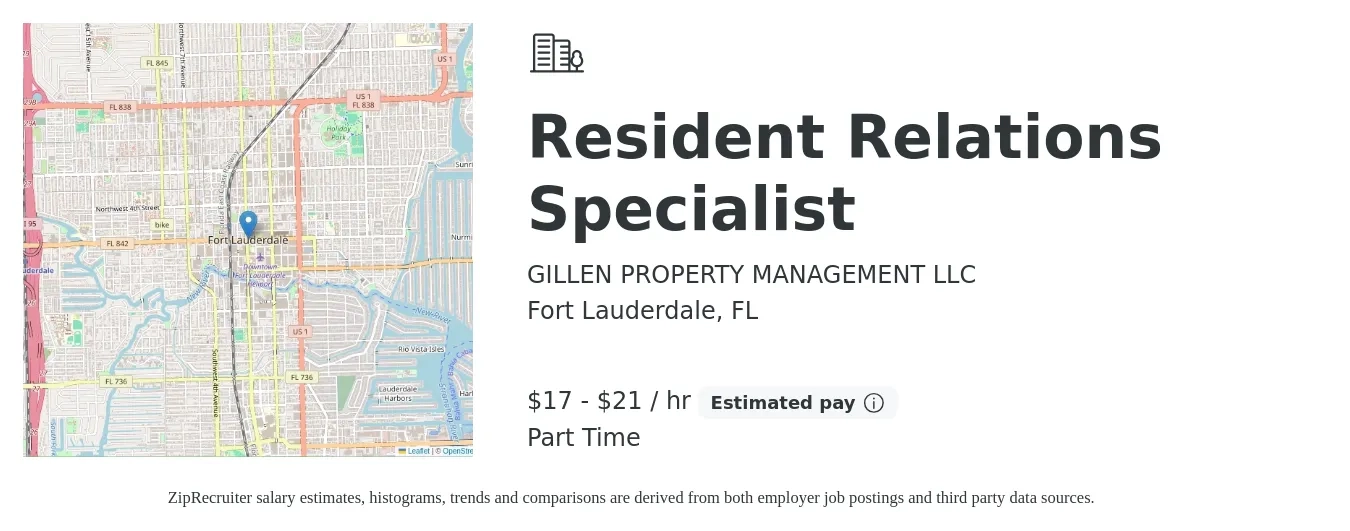 GILLEN PROPERTY MANAGEMENT LLC job posting for a Resident Relations Specialist in Fort Lauderdale, FL with a salary of $18 to $22 Hourly (plus commission) with a map of Fort Lauderdale location.