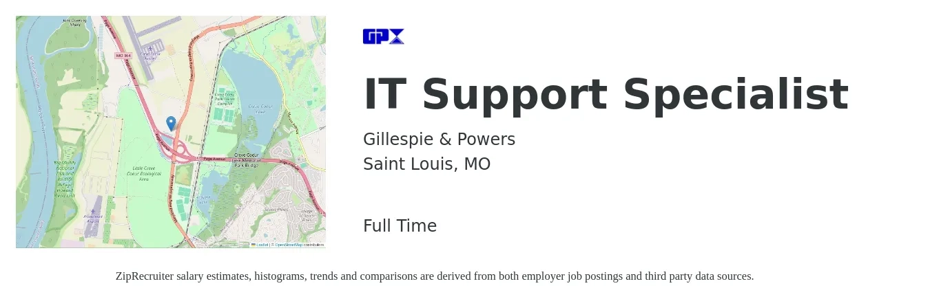 Gillespie & Powers job posting for a IT Support Specialist in Saint Louis, MO with a salary of $17 to $25 Hourly with a map of Saint Louis location.