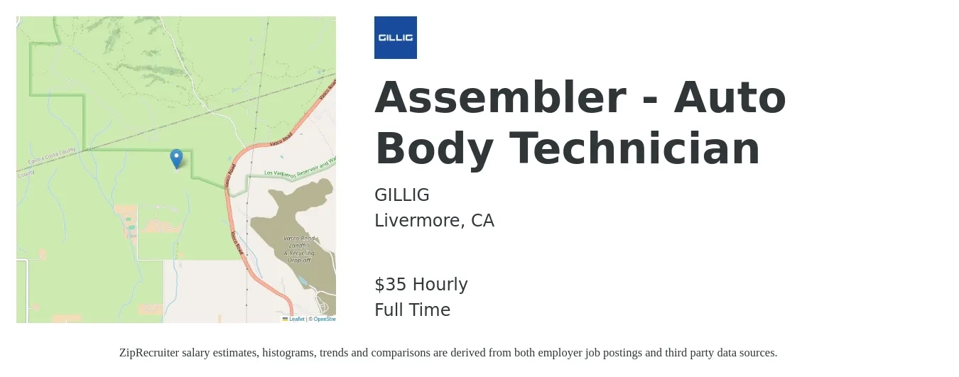GILLIG job posting for a Assembler - Auto Body Technician in Livermore, CA with a salary of $37 Hourly with a map of Livermore location.