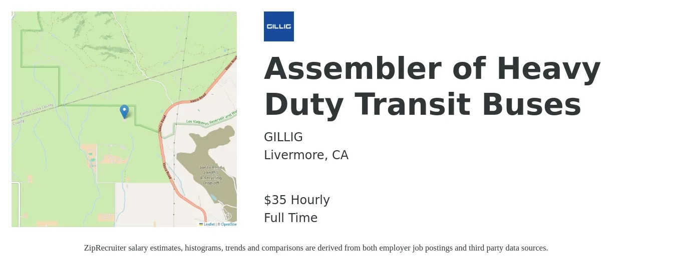GILLIG job posting for a Assembler of Heavy Duty Transit Buses in Livermore, CA with a salary of $37 Hourly with a map of Livermore location.