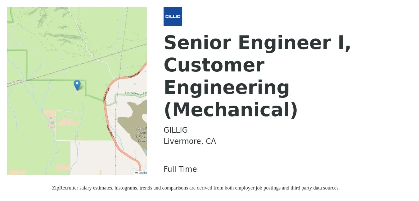 GILLIG job posting for a Senior Engineer I, Customer Engineering (Mechanical) in Livermore, CA with a salary of $122,600 to $161,900 Yearly with a map of Livermore location.