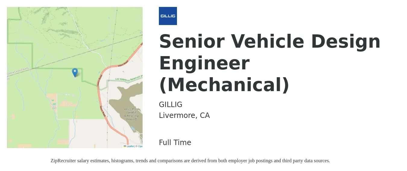 GILLIG job posting for a Senior Vehicle Design Engineer (Mechanical) in Livermore, CA with a salary of $105,600 to $145,400 Yearly with a map of Livermore location.