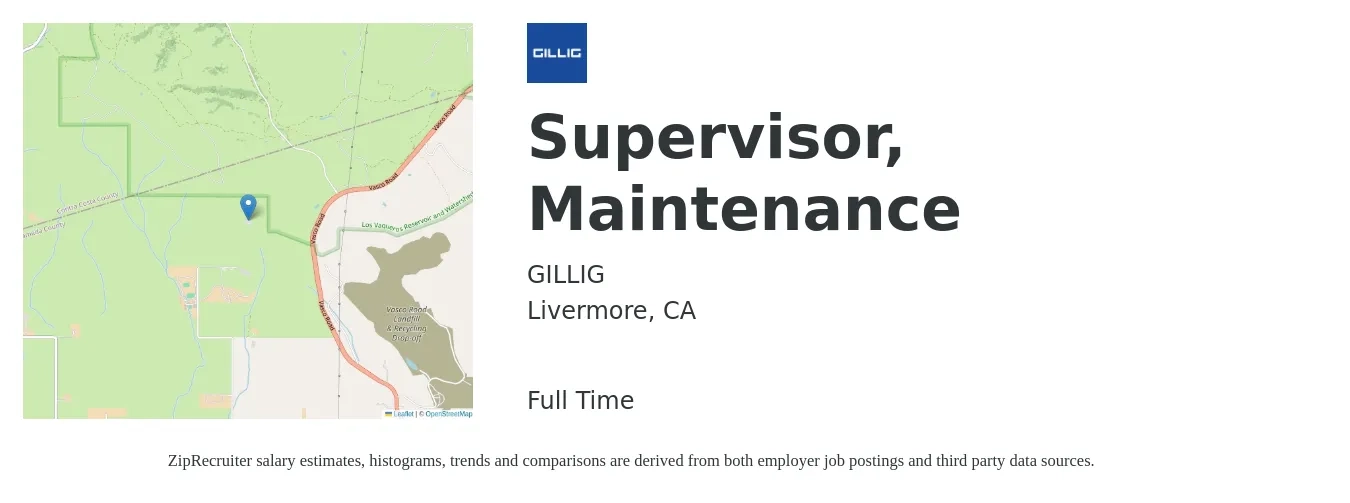 GILLIG job posting for a Supervisor, Maintenance in Livermore, CA with a salary of $25,000 Monthly with a map of Livermore location.