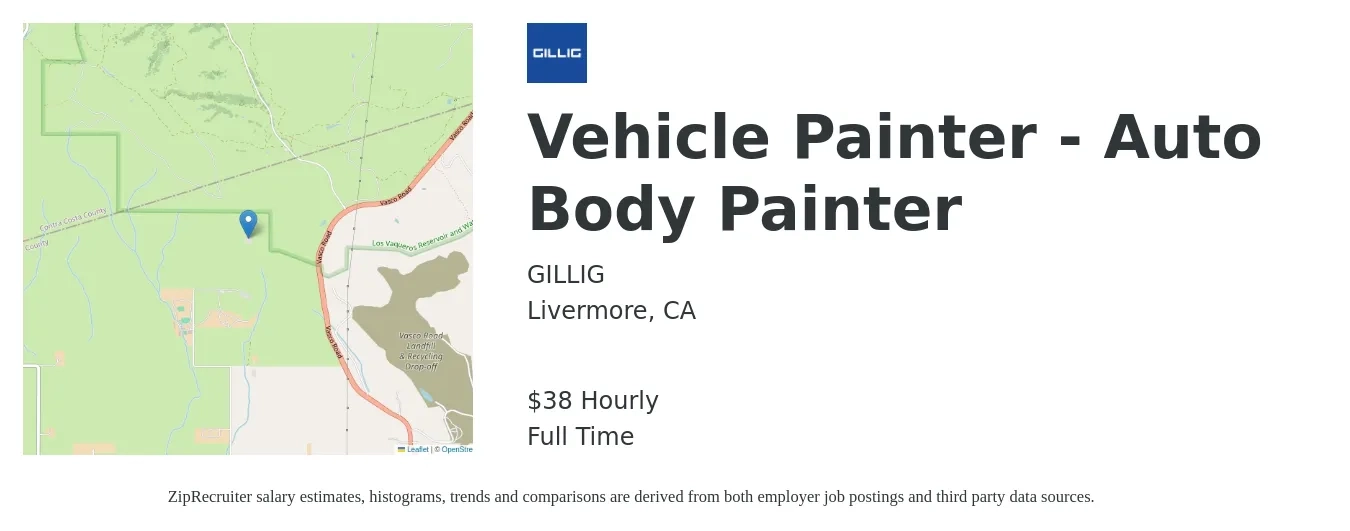 GILLIG job posting for a Vehicle Painter - Auto Body Painter in Livermore, CA with a salary of $40 Hourly with a map of Livermore location.