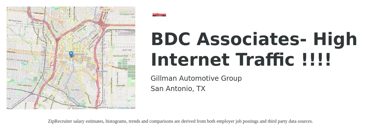 Gillman Automotive Group job posting for a BDC Associates- High Internet Traffic !!!! in San Antonio, TX with a salary of $14 to $18 Hourly with a map of San Antonio location.