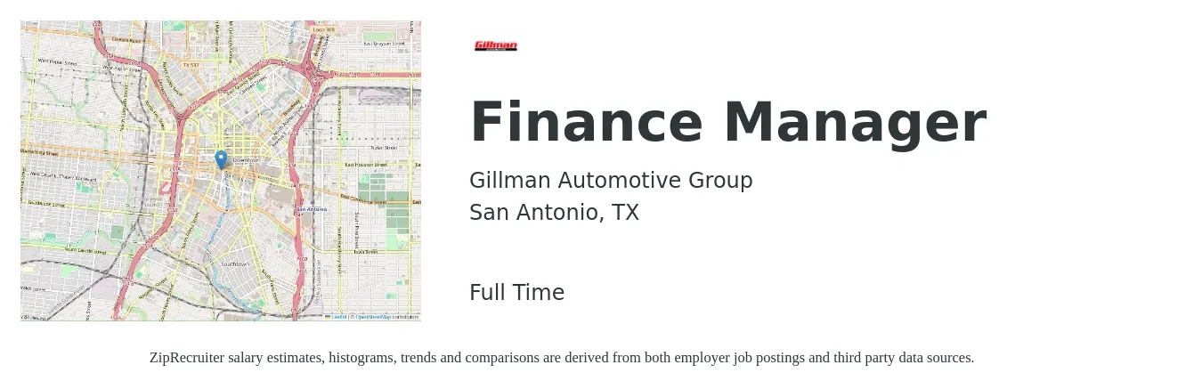 Gillman Automotive Group job posting for a Finance Manager in San Antonio, TX with a salary of $85,200 to $151,500 Yearly with a map of San Antonio location.