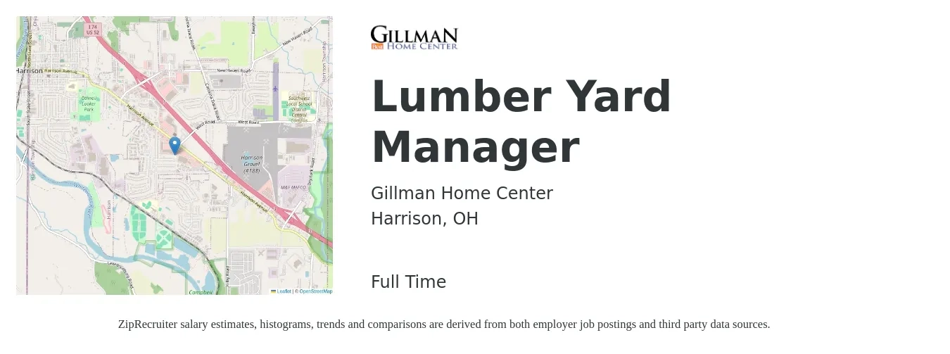 Gillman Home Center job posting for a Lumber Yard Manager in Harrison, OH with a salary of $19 to $30 Hourly with a map of Harrison location.