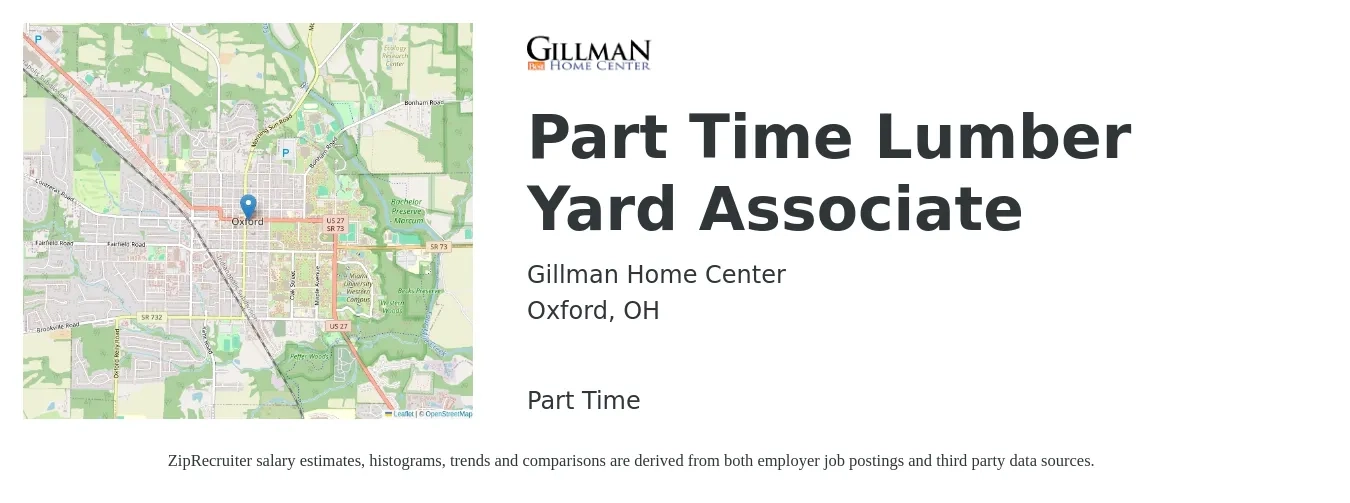 Gillman Home Center job posting for a Part Time Lumber Yard Associate in Oxford, OH with a salary of $14 to $19 Hourly with a map of Oxford location.