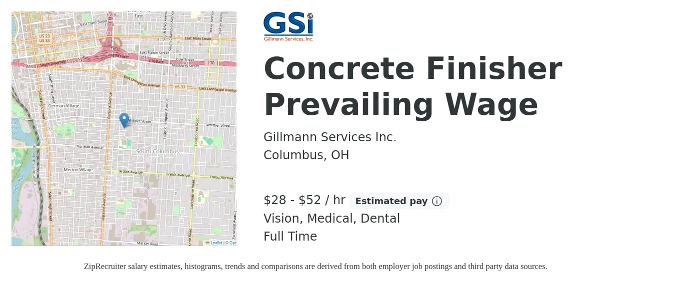 Gillmann Services Inc. job posting for a Concrete Finisher Prevailing Wage in Columbus, OH with a salary of $30 to $55 Hourly and benefits including vision, dental, life_insurance, and medical with a map of Columbus location.