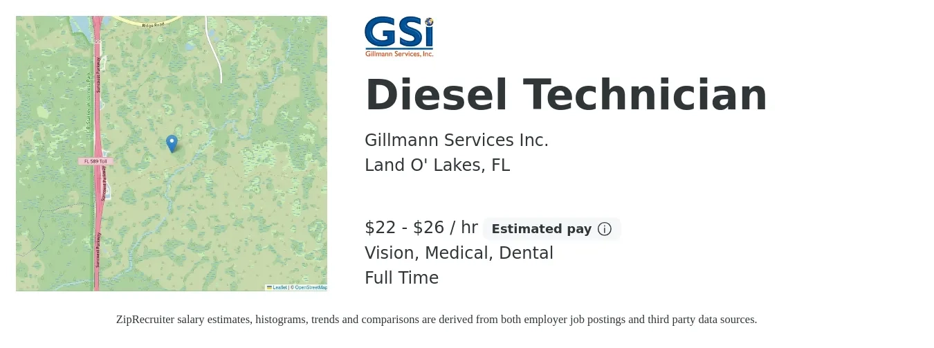 Gillmann Services Inc. job posting for a Diesel Technician in Land O' Lakes, FL with a salary of $23 to $28 Hourly and benefits including medical, vision, dental, and life_insurance with a map of Land O' Lakes location.