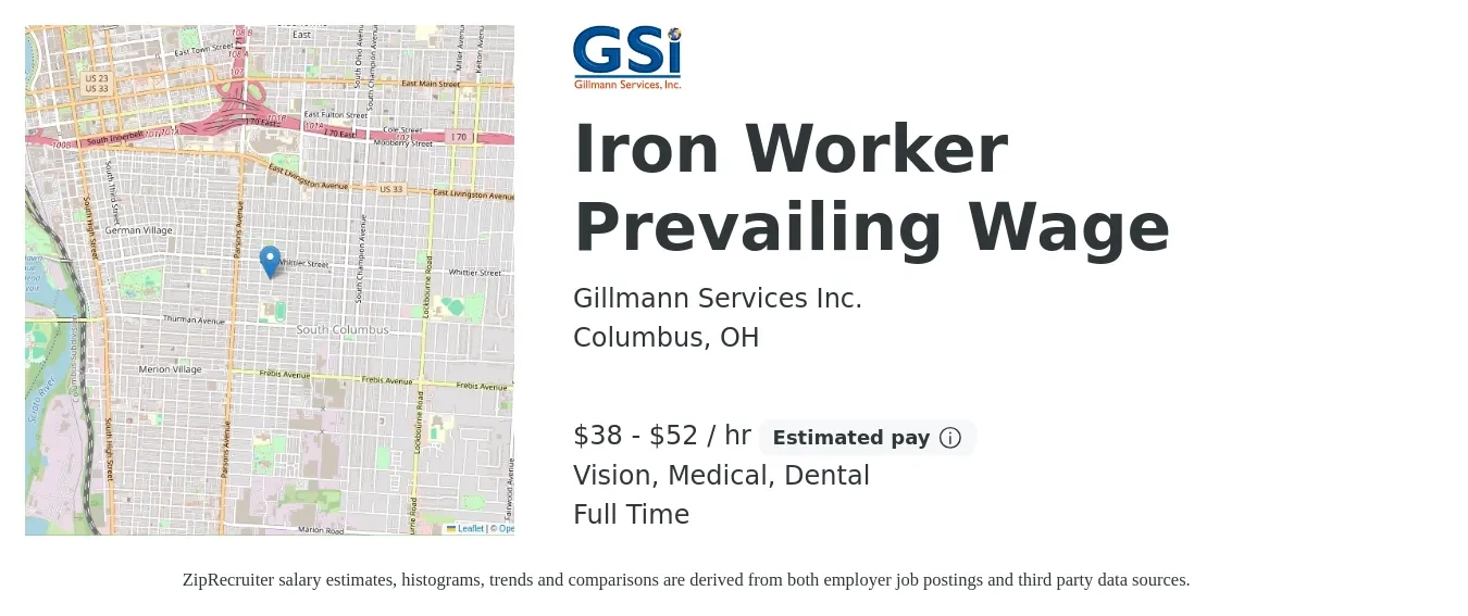 Gillmann Services Inc. job posting for a Iron Worker Prevailing Wage in Columbus, OH with a salary of $40 to $55 Hourly and benefits including dental, medical, and vision with a map of Columbus location.