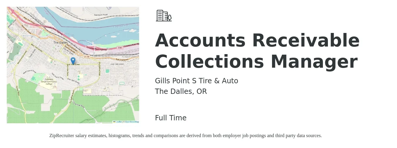 Gills Point S Tire & Auto job posting for a Accounts Receivable Collections Manager in The Dalles, OR with a salary of $63,200 to $92,900 Yearly with a map of The Dalles location.