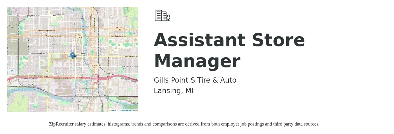 Gills Point S Tire & Auto job posting for a Assistant Store Manager in Lansing, MI with a salary of $14 to $20 Hourly with a map of Lansing location.