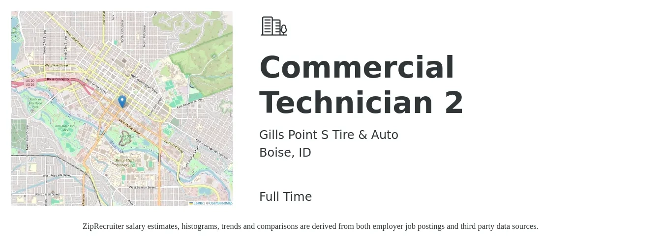 Gills Point S Tire & Auto job posting for a Commercial Technician 2 in Boise, ID with a salary of $18 to $25 Hourly with a map of Boise location.