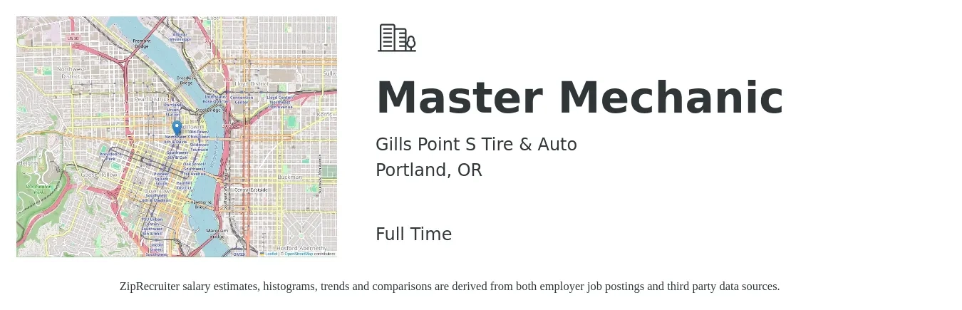 Gills Point S Tire & Auto job posting for a Master Mechanic in Portland, OR with a salary of $29 to $42 Hourly with a map of Portland location.