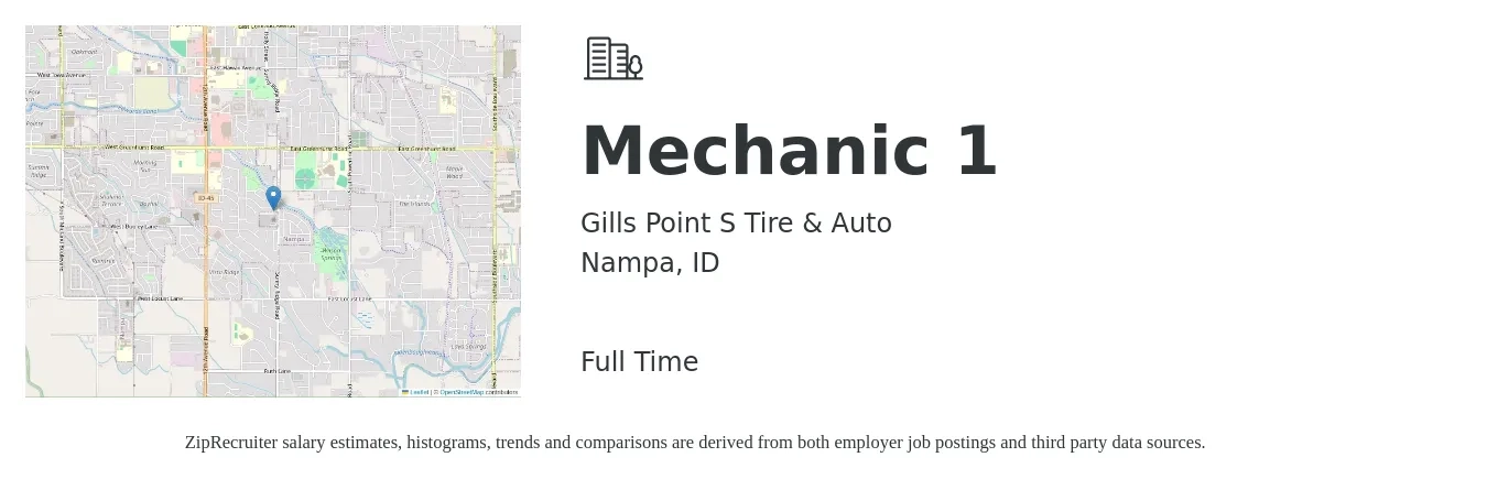 Gills Point S Tire & Auto job posting for a Mechanic 1 in Nampa, ID with a salary of $20 to $28 Hourly with a map of Nampa location.