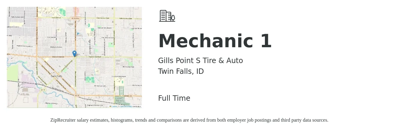 Gills Point S Tire & Auto job posting for a Mechanic 1 in Twin Falls, ID with a salary of $20 to $28 Hourly with a map of Twin Falls location.