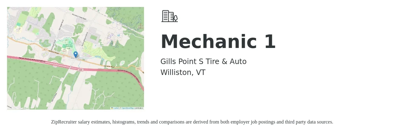 Gills Point S Tire & Auto job posting for a Mechanic 1 in Williston, VT with a salary of $22 to $32 Hourly with a map of Williston location.