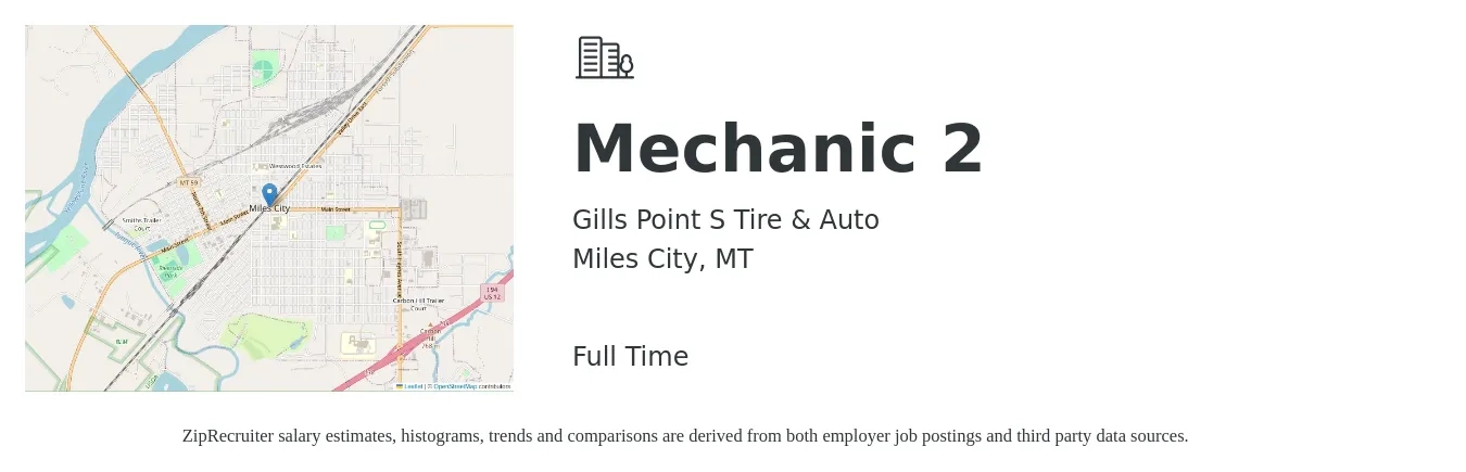 Gills Point S Tire & Auto job posting for a Mechanic 2 in Miles City, MT with a salary of $20 to $29 Hourly with a map of Miles City location.