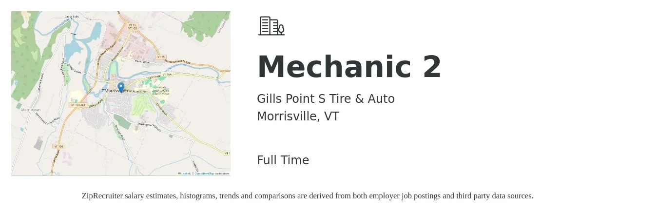 Gills Point S Tire & Auto job posting for a Mechanic 2 in Morrisville, VT with a salary of $20 to $30 Hourly with a map of Morrisville location.