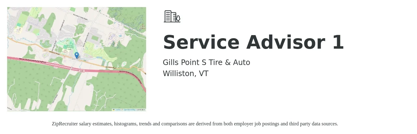 Gills Point S Tire & Auto job posting for a Service Advisor 1 in Williston, VT with a salary of $20 to $32 Hourly with a map of Williston location.