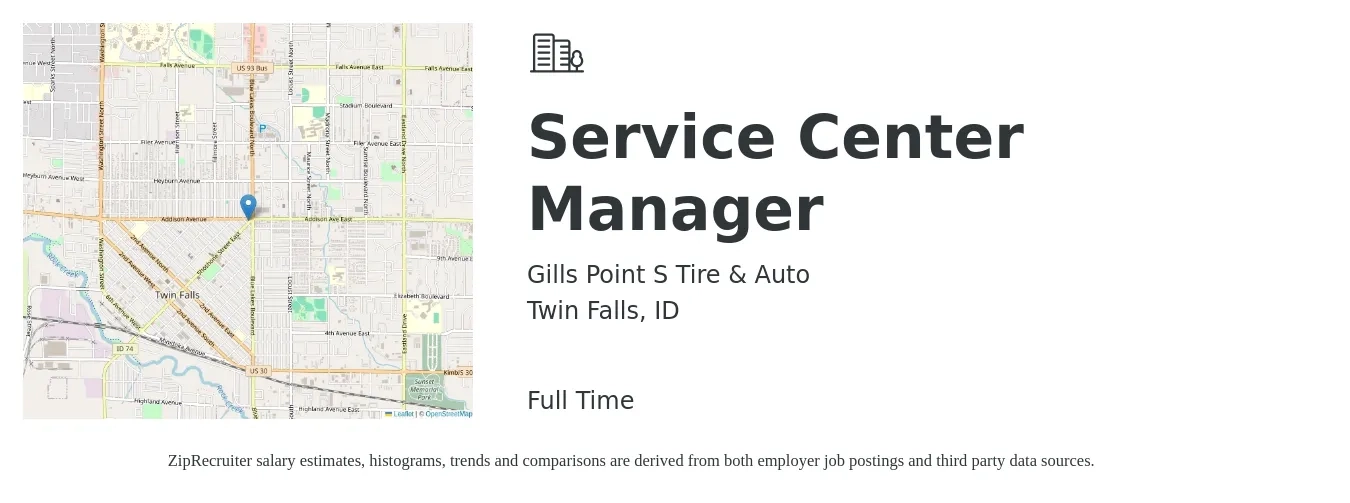 Gills Point S Tire & Auto job posting for a Service Center Manager in Twin Falls, ID with a salary of $52,300 to $87,200 Yearly with a map of Twin Falls location.