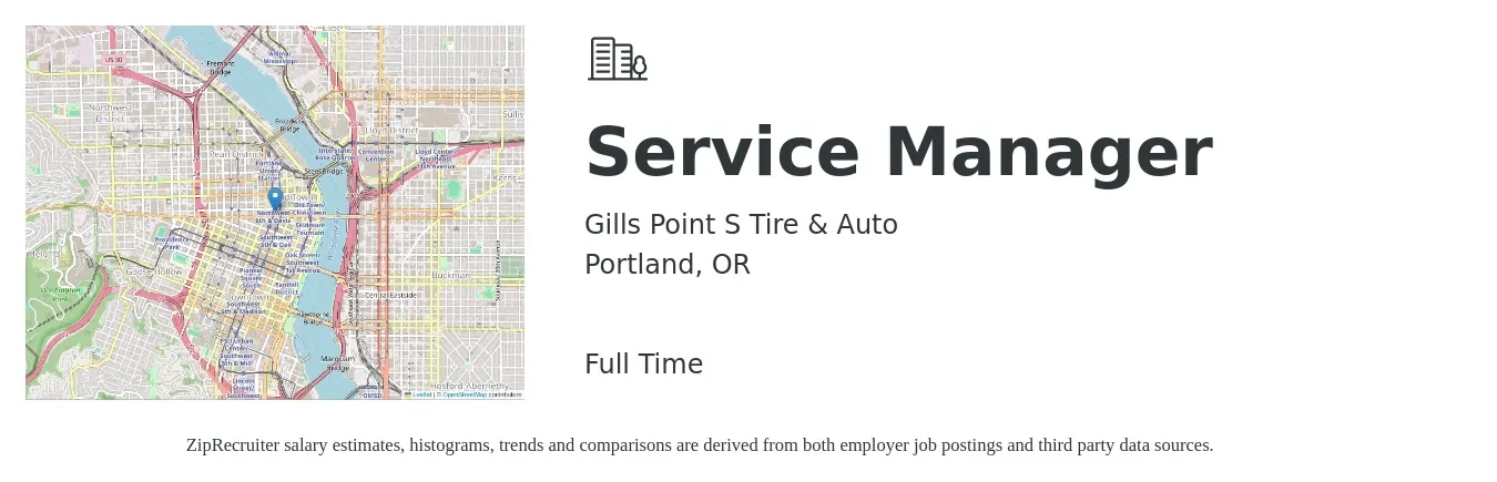 Gills Point S Tire & Auto job posting for a Service Manager in Portland, OR with a salary of $55,100 to $85,400 Yearly with a map of Portland location.