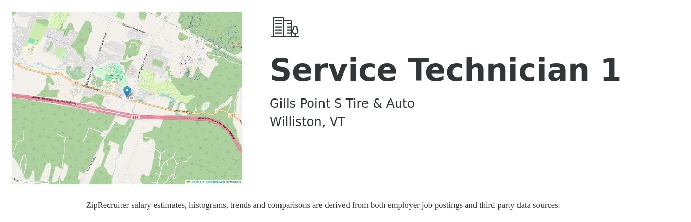Gills Point S Tire & Auto job posting for a Service Technician 1 in Williston, VT with a salary of $21 to $28 Hourly with a map of Williston location.
