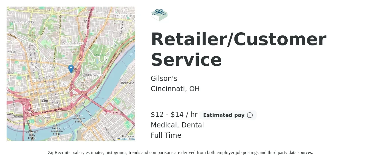 Gilson's job posting for a Retailer/Customer Service in Cincinnati, OH with a salary of $12 to $15 Hourly and benefits including retirement, dental, and medical with a map of Cincinnati location.
