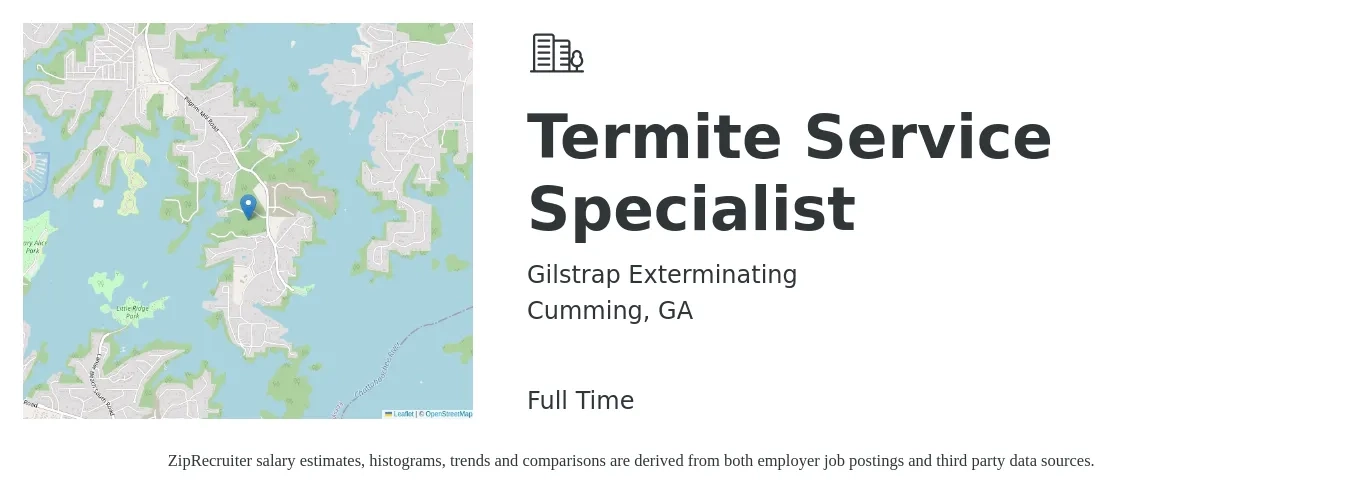 Gilstrap Exterminating job posting for a Termite Service Specialist in Cumming, GA with a salary of $16 to $20 Hourly with a map of Cumming location.