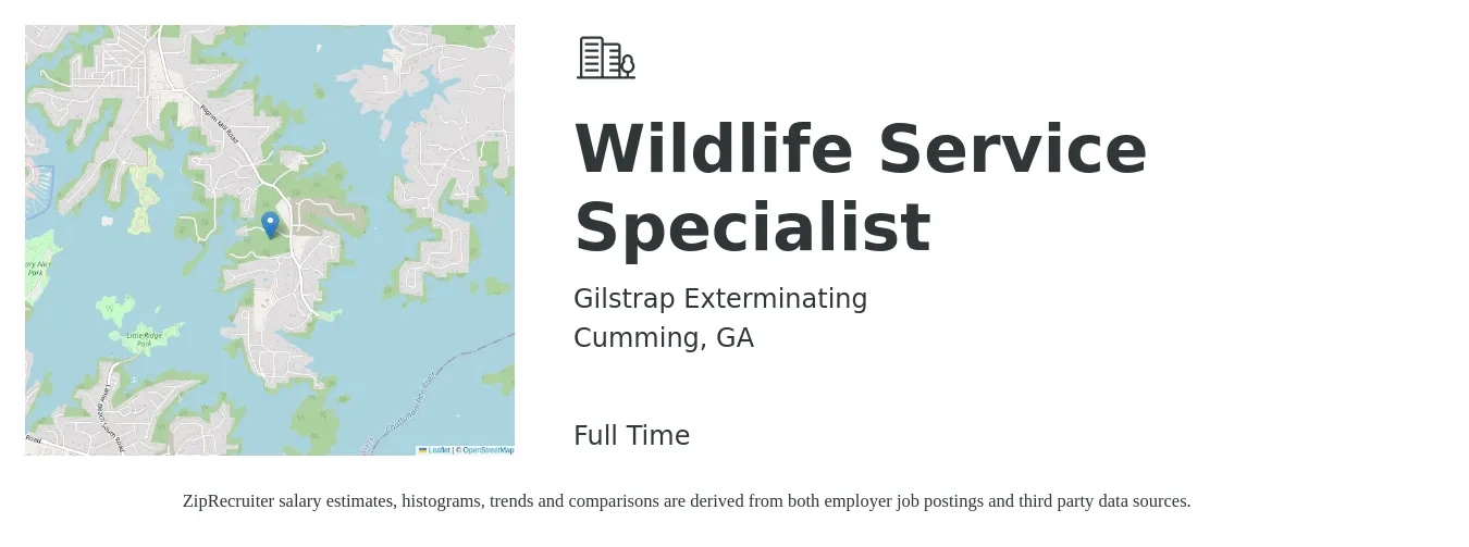 Gilstrap Exterminating job posting for a Wildlife Service Specialist in Cumming, GA with a salary of $17 to $23 Hourly with a map of Cumming location.