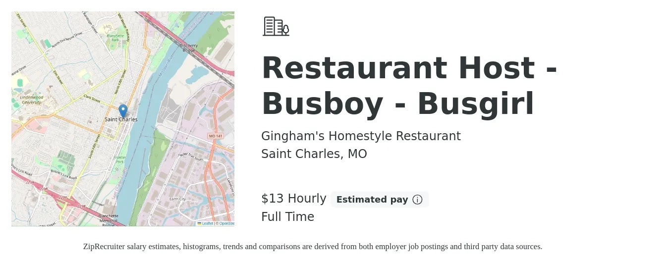 Gingham's Homestyle Restaurant job posting for a Restaurant Host - Busboy - Busgirl in Saint Charles, MO with a salary of $14 Hourly with a map of Saint Charles location.