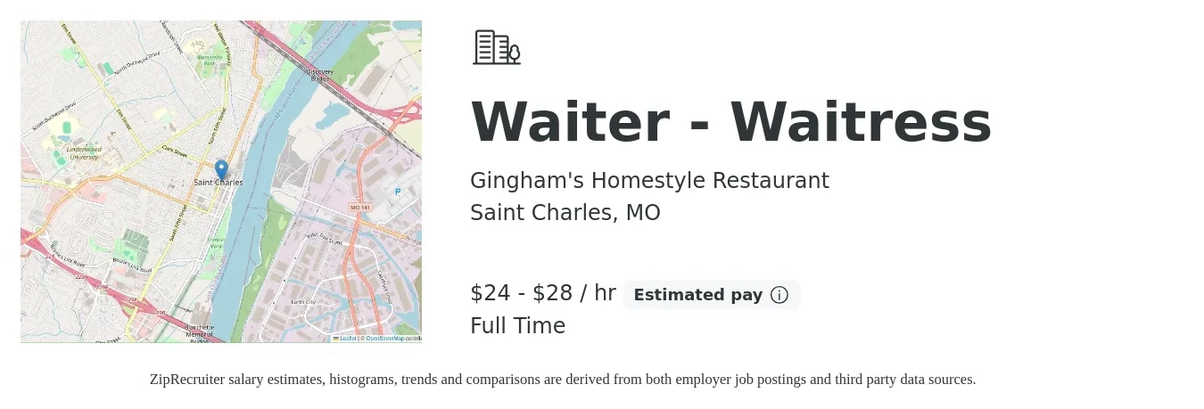 Gingham's Homestyle Restaurant job posting for a Waiter - Waitress in Saint Charles, MO with a salary of $25 to $30 Hourly with a map of Saint Charles location.