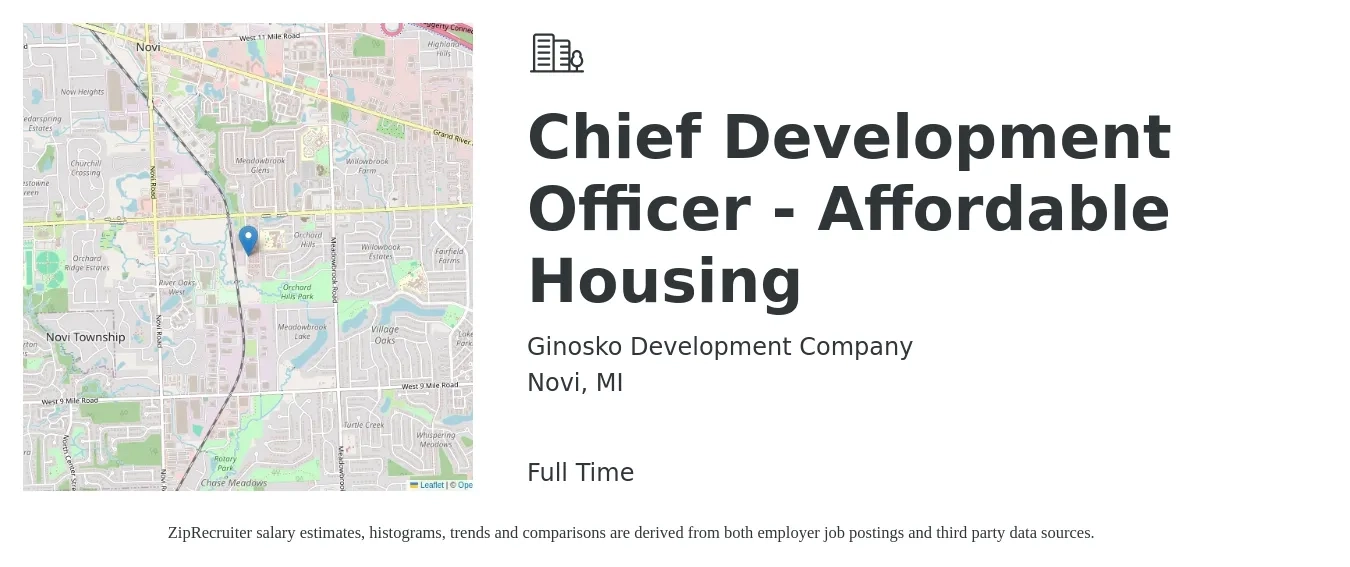 Ginosko Development Company job posting for a Chief Development Officer - Affordable Housing in Novi, MI with a salary of $93,600 to $150,600 Yearly with a map of Novi location.