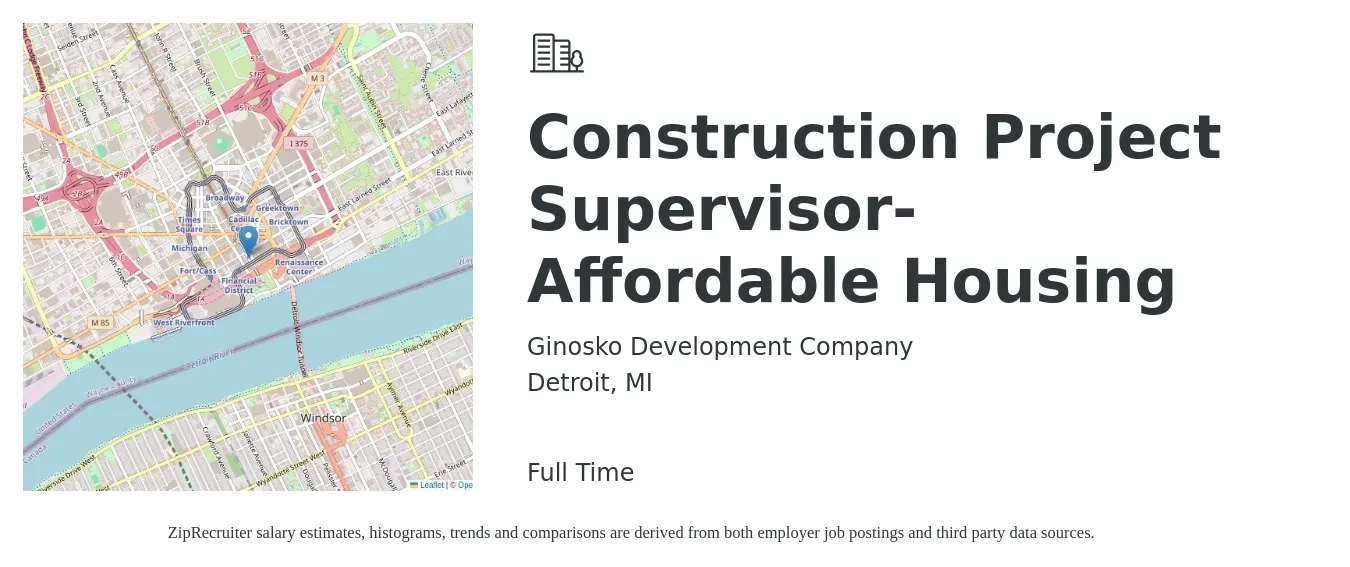 Ginosko Development Company job posting for a Construction Project Supervisor- Affordable Housing in Detroit, MI with a salary of $70,800 to $112,400 Yearly with a map of Detroit location.