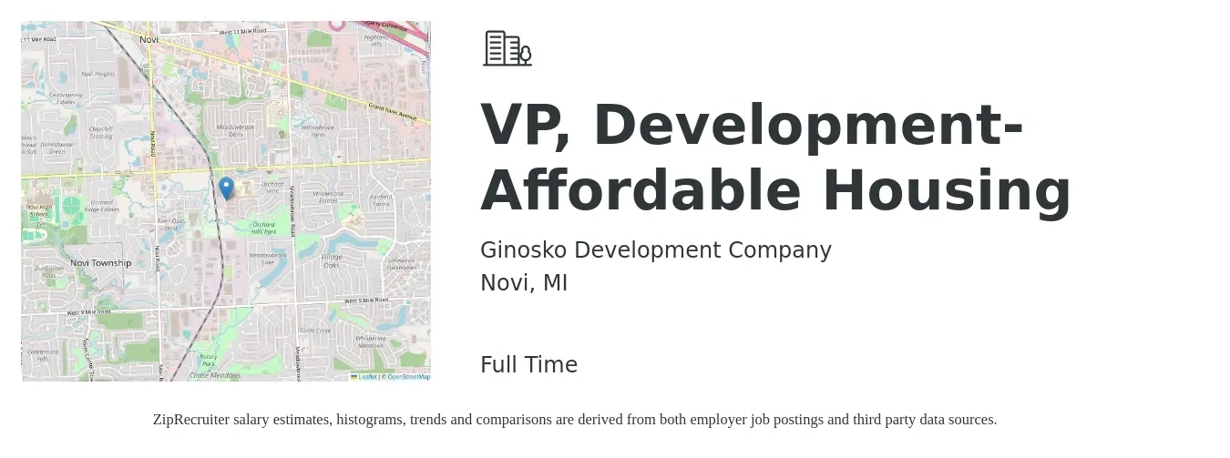 Ginosko Development Company job posting for a VP, Development- Affordable Housing in Novi, MI with a salary of $108,200 to $165,200 Yearly with a map of Novi location.