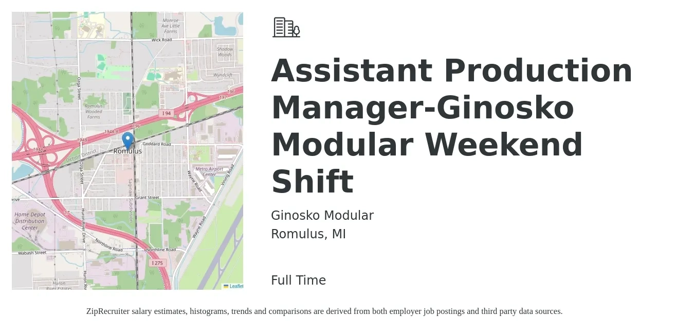 Ginosko Modular job posting for a Assistant Production Manager-Ginosko Modular Weekend Shift in Romulus, MI with a salary of $43,300 to $75,600 Yearly with a map of Romulus location.