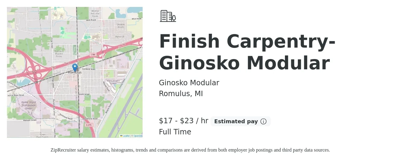 Ginosko Modular job posting for a Finish Carpentry-Ginosko Modular in Romulus, MI with a salary of $18 to $24 Hourly with a map of Romulus location.