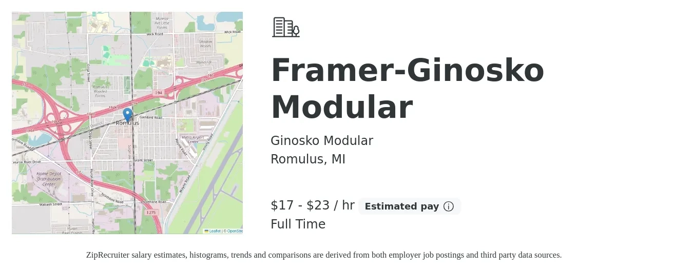 Ginosko Modular job posting for a Framer-Ginosko Modular in Romulus, MI with a salary of $18 to $24 Hourly with a map of Romulus location.