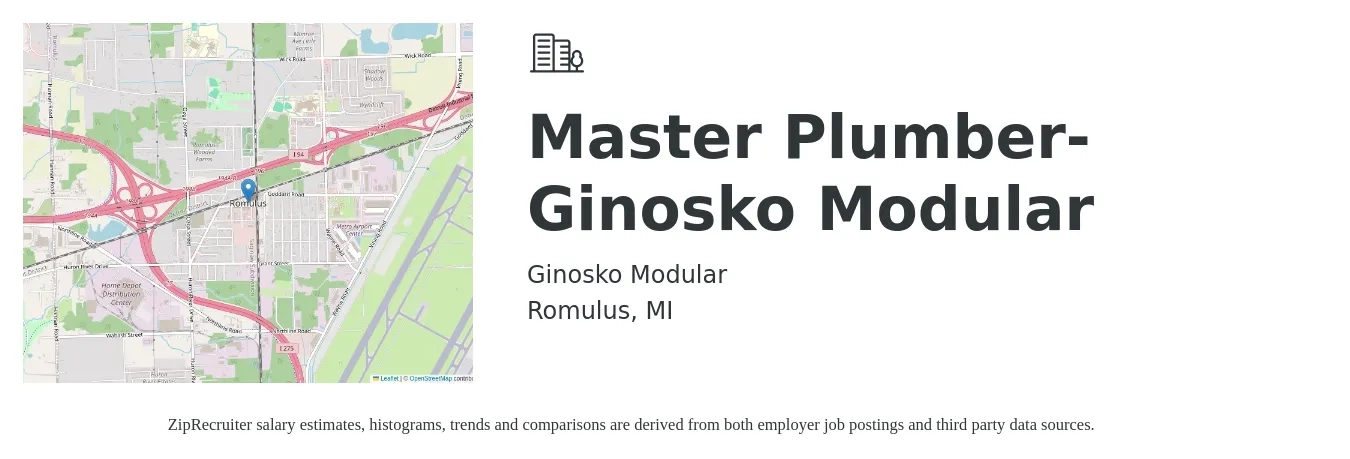Ginosko Modular job posting for a Master Plumber-Ginosko Modular in Romulus, MI with a salary of $35 to $55 Hourly with a map of Romulus location.