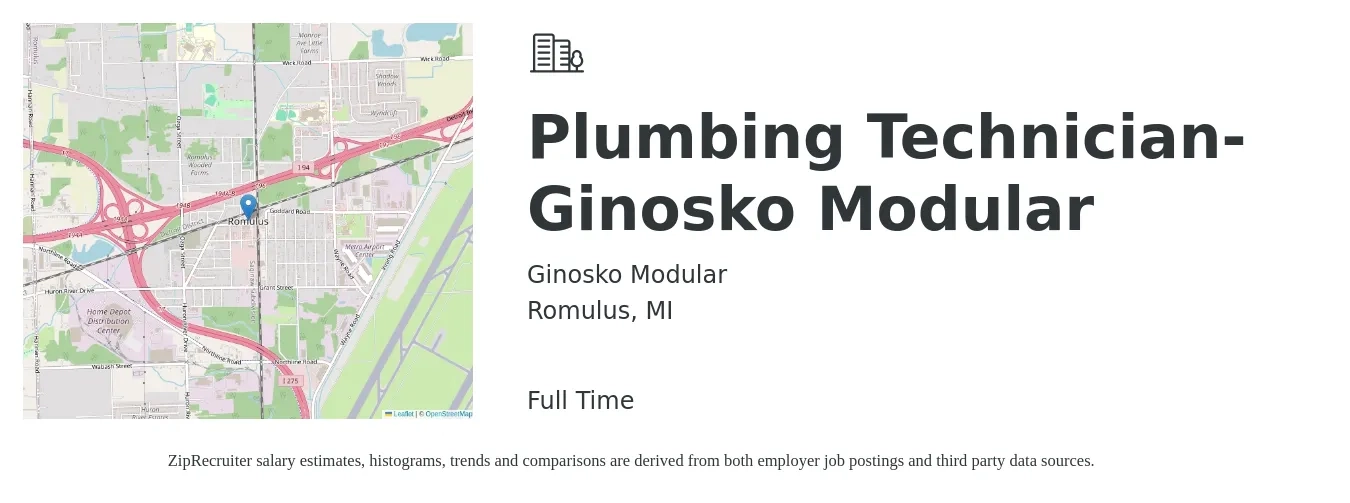 Ginosko Modular job posting for a Plumbing Technician-Ginosko Modular in Romulus, MI with a salary of $20 to $25 Hourly with a map of Romulus location.
