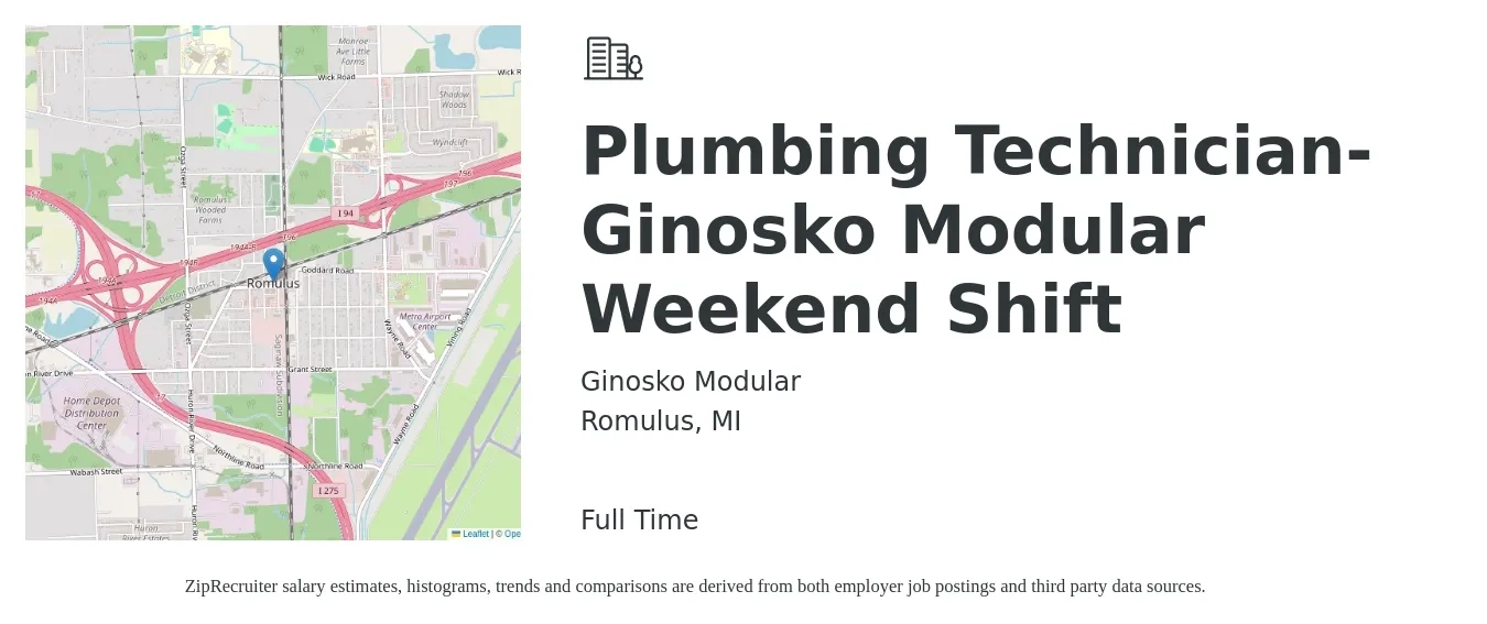 Ginosko Modular job posting for a Plumbing Technician-Ginosko Modular Weekend Shift in Romulus, MI with a salary of $24 to $35 Hourly with a map of Romulus location.