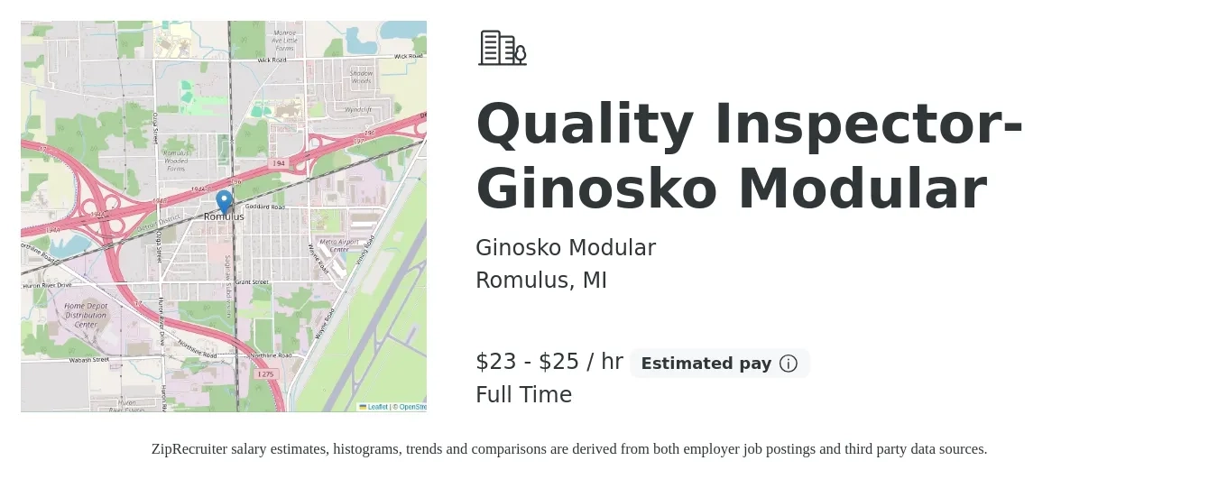 Ginosko Modular job posting for a Quality Inspector-Ginosko Modular in Romulus, MI with a salary of $24 to $26 Hourly with a map of Romulus location.
