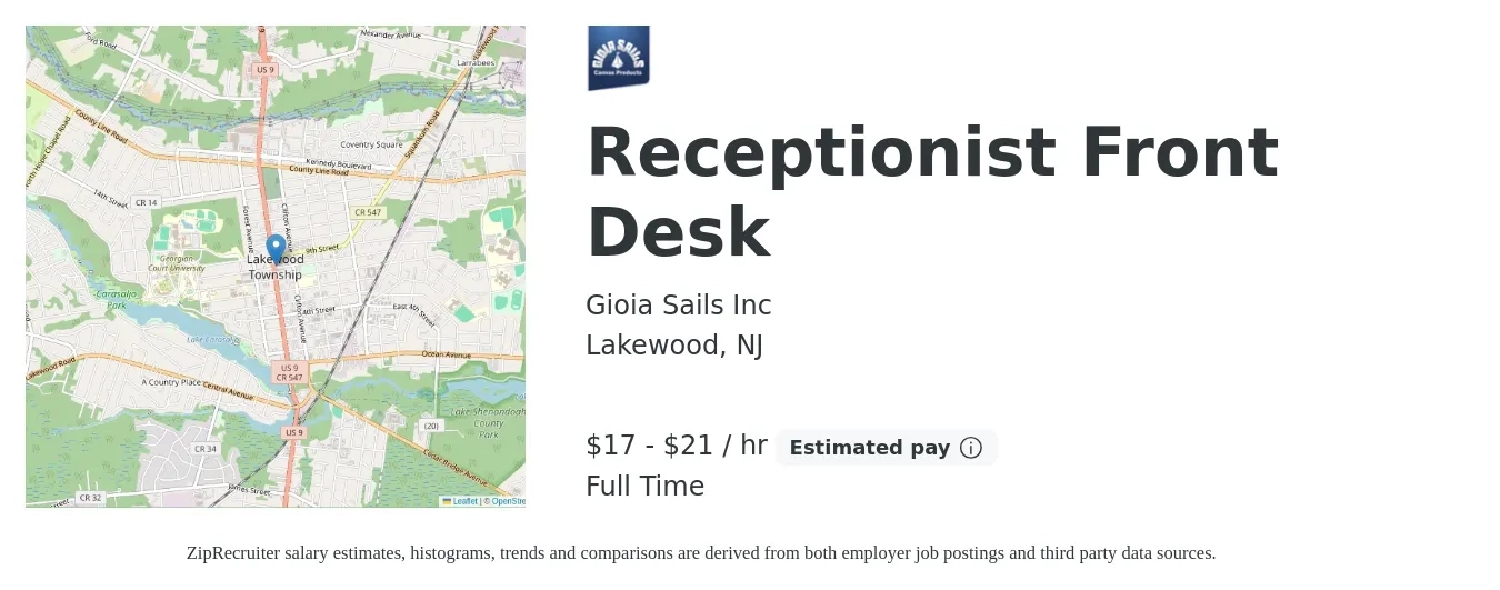 Gioia Sails Inc job posting for a Receptionist Front Desk in Lakewood, NJ with a salary of $18 to $22 Hourly and benefits including life_insurance with a map of Lakewood location.