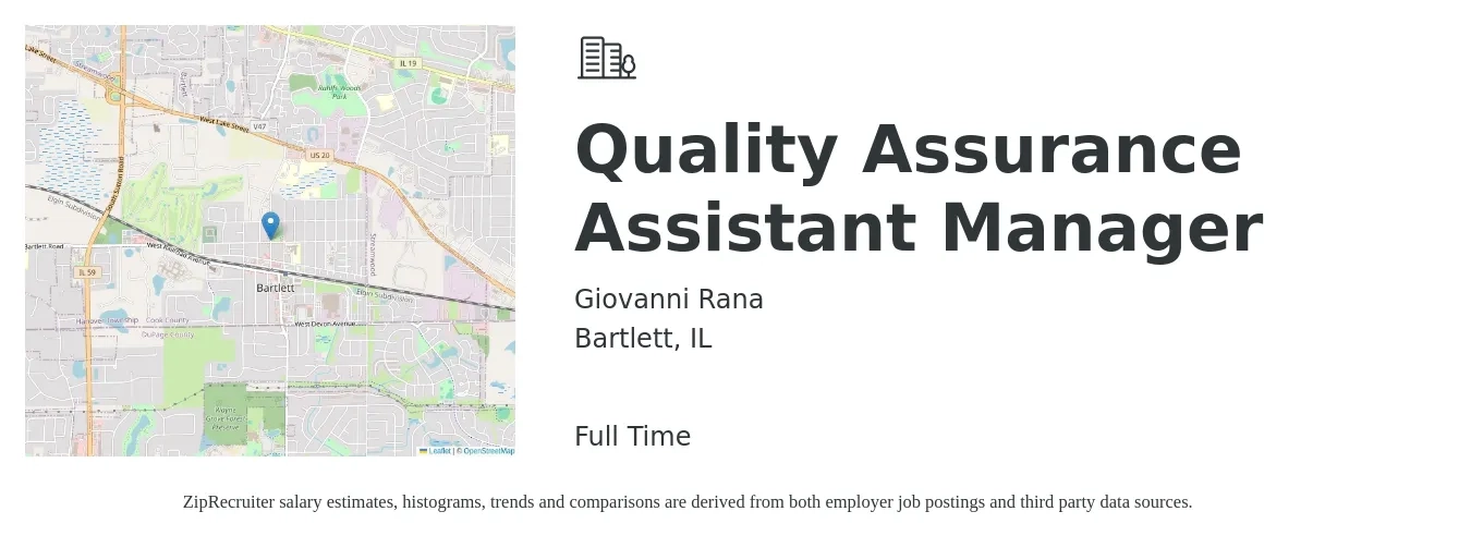Giovanni Rana job posting for a Quality Assurance Assistant Manager in Bartlett, IL with a salary of $43,500 to $134,600 Yearly with a map of Bartlett location.